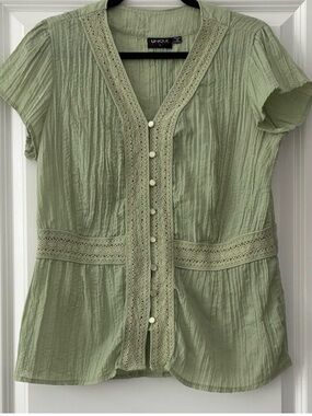Unique Spectrum Size 1X Bohemian Button-Up Short-Sleeve Blouse - Green